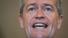 Opposition Leader Bill Shorten addresses the media during a doorstop interview in the press gallery at Parliament House ...