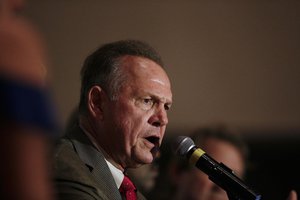 Former Alabama Chief Justice and U.S. Senate candidate Roy Moore during his election party, Tuesday, Sept. 26, 2017, in Montgomery, Ala. Moore won the Alabama Republican primary runoff for U.S. Senate on Tuesday, defeating an appointed incumbent backed by President Donald Trump and allies of Sen. Mitch McConnell.