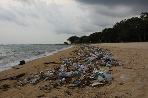 File - Washed up plastic waste on a beach in Singapore.