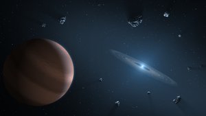 File - Artist concept of an exoplanet and debris disk orbiting a polluted white dwarf.