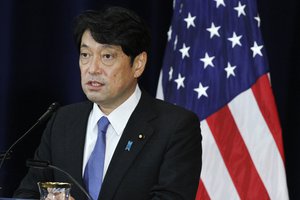 Japan's Defense Minister Itsunori Onodera speaks, Thursday, Aug. 17, 2017, during a news conference at the State Department in Washington.