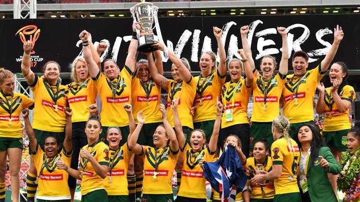 Australia celebrates winning the Women's Rugby League World Cup Final between the Australian Jillaroos and the New Zealand Ferns played at Suncorp Stadium in Brisbane, Saturday, December 2, 2017. (AAP Image/Darren England) NO ARCHIVING, EDITORIAL USE ONLY