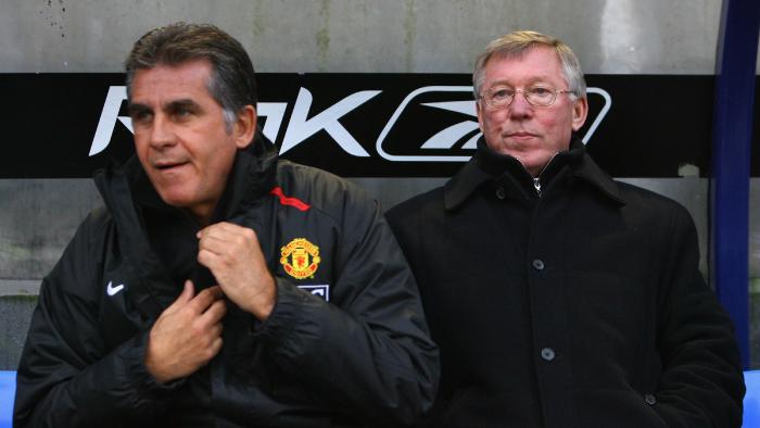 BOLTON, UNITED KINGDOM - NOVEMBER 24: Sir Alex Ferguson of Manchester United looks on next to his assistant Carlos Queiroz prior to the start of the Barclays Premier League match between Bolton Wanderers and Manchester United at The Reebok Stadium on November 24, 2007 in Bolton, England. (Photo by Paul Gilham/Getty Images)