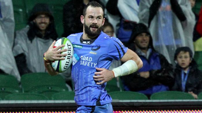 Jono Lance of the Force scores a try during the Round 17 Super Rugby match between the Western Force and the NSW Waratahs at NIB Stadium in Perth, Saturday July 15, 2017. (AAP Image/Richard Wainwright) NO ARCHIVING, EDITORIAL USE ONLY