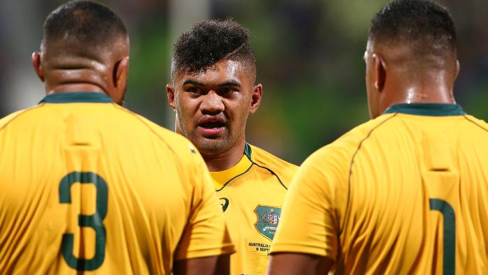 PERTH, AUSTRALIA - SEPTEMBER 09: Jordan Uelese of Australia talks with Sekope Kepu and Scott Sio at a break in play during The Rugby Championship match between the Australian Wallabies and the South Africa Springboks at nib Stadium on September 9, 2017 in Perth, Australia. (Photo by Paul Kane/Getty Images)