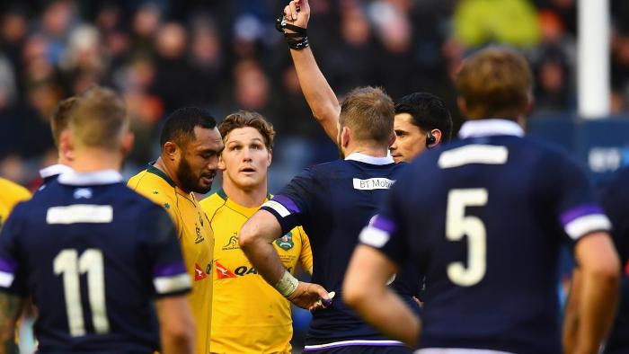 EDINBURGH, SCOTLAND - NOVEMBER 25: Sekope Kepu of Australia is shown a red card during the international match between Scotland and Australia at Murrayfield Stadium on November 25, 2017 in Edinburgh, Scotland. (Photo by Dan Mullan/Getty Images)