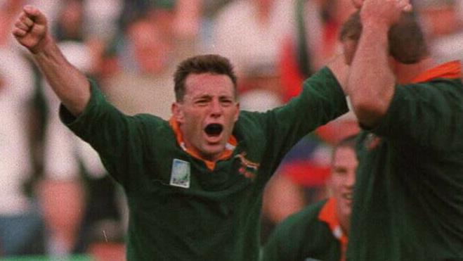 Springboks (L-R) Gary Pagel, Joel Stransky & Os Du Randt at full time of opening game of 1995 Rugby World Cup, Australia v South Africa at Cape Town, 24/05/95. Pic Action Photographics Sport / Rugby Union / With Others / Scenes