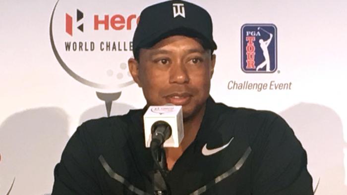 Tiger Woods speaks at a press conference at the Albany Golf Club in Nassau, Bahamas, Tuesday, Nov. 28, 2017. Woods is playing in this weeks Hero World Challenge, his first tournament since fusion surgery on his lower back in April. (AP Photo/Doug Ferguson)