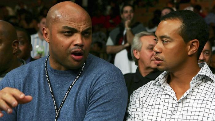 LAS VEGAS - NOVEMBER 04: Former NBA star Charles Barkley (L) talks with PGA star Tiger Woods diuring the Robert Guerrero and Orlando Salido of Mexico IBF Featherweight Championship fight at the Mandalay Bay Events Center November 4, 2006 in Las Vegas, Nevada. (Photo by Ethan Miller/Getty Images)