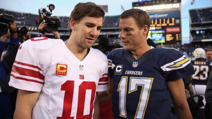 SAN DIEGO, CA - DECEMBER 08: Eli Manning #10 of the New York Giants and Philip Rivers #17 of the San Diego Chargers come together at the conclusion of the game at Qualcomm Stadium on December 8, 2013 in San Diego, California. The Chargers defeated the Giants 37-14. (Photo by Jeff Gross/Getty Images)