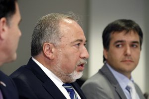 Israeli Defense Minister Avigdor Lieberman, center, speaks during a meeting with Defense Secretary Jim Mattis at the Pentagon, Thursday, Oct. 19, 2017, in Washington.