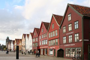 Bryggen (Norwegian for the Wharf), also known as Tyskebryggen (the German Wharf) is a series of Hanseatic commercial buildings lining the eastern side of the fjord coming into Bergen, Norway.