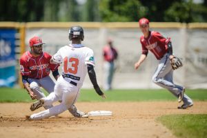 Canberra's Gabriel Arias makes it safely back to second base. 