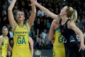 Sharpshooter: Susan Pettitt lines up a shot in the Constellation Cup match against New Zealand at Spark Arena in Auckland.