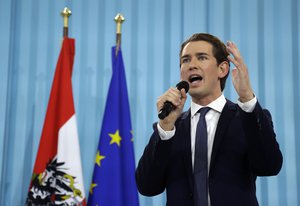 Foreign Minister Sebastian Kurz, head of Austrian People's Party, speaks during the election party in Vienna, Austria, Sunday, Oct. 15, 2017, after the closing of the polling stations for the Austrian national elections.