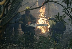 Firefighters from Kern County, Calif.,  work to put out hot spots during a wildfire Saturday, Dec. 16, 2017, in Montecito, Calif.