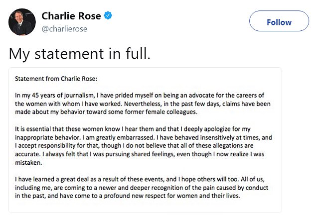 'It is essential that these women know I hear them and that I deeply apologize for my inappropriate behavior,' Rose said in a statement