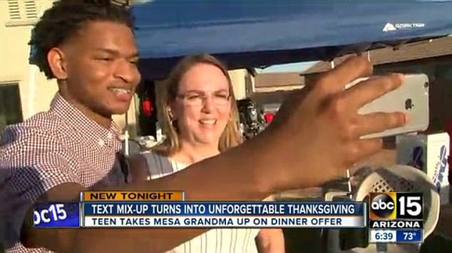 The grandmother and her 'honorary grandson' posed for pictures together after tucking in to the massive meal