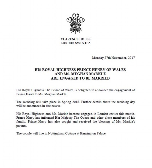 Charles and Camilla sent out an announcement this  morning via Clarence House saying that they were 'delighted' to announce the engagement and the wedding will take place this spring