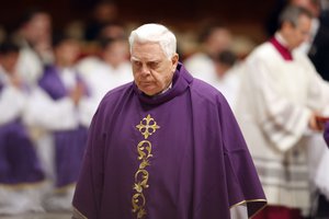 Cardinal Bernard Law looks on during a memorial Mass at St. Peter's Basilica, at the Vatican, celebrated by Pope Benedict XVI to mark the fifth anniversary of the death of Pope John Paul II Monday, March 29, 2010.