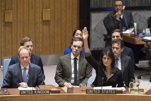 Nikki R. Haley (right), Permanent Representative of the United States, votes against  a vote on a draft resolution related to Jerusalem, 18 December 2017