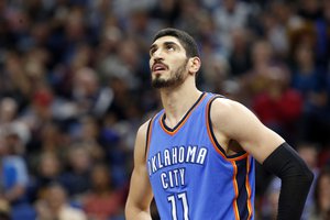 Oklahoma City Thunder’s Enes Kanter of Turkey plays during the second half of an NBA basketball game against the Minnesota Timberwolves Tuesday, April 11, 2017, in Minneapolis.