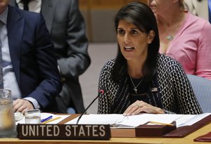 United Nations Ambassador from U.S. Nikki Haley address U.N. Security Council meeting on Myanmar's Rohingya crisis, Thursday Sept. 28, 2017 at U.N. headquarters.