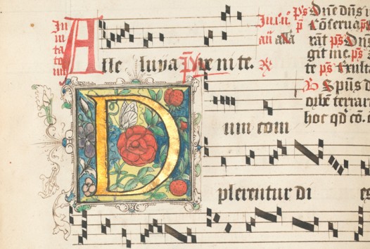 Decorated initial from an antiphonal and musical notes