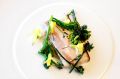 Butter-poached pork belly, hay and broccoli.