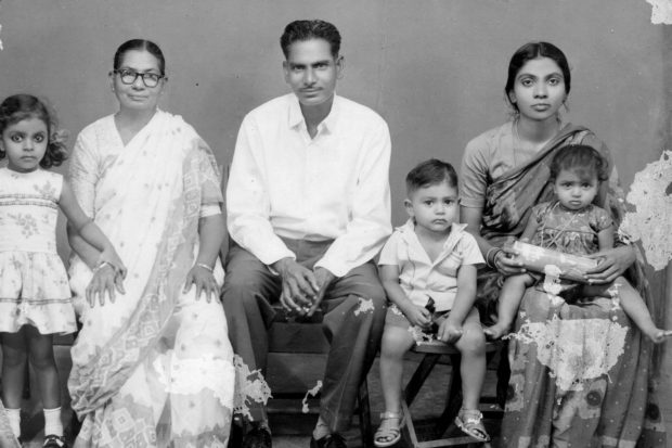 Sujatha Gidla, far left, with her family, Andhra Pradesh, India, 1966. Her mother, Manjula, is at right.