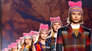 Models parade in pussy hats at the end of the Missoni Autumn/Winter 2017 women's collection in Milan Fashion Week. 