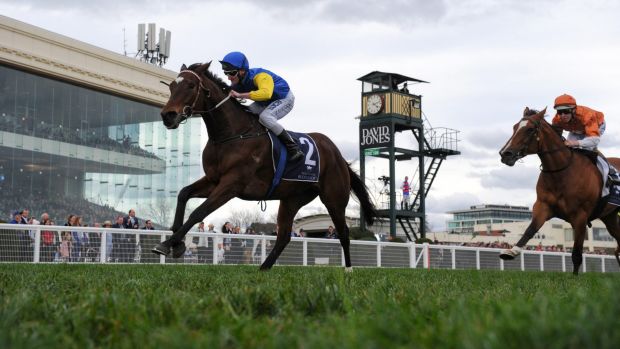 Brad Rawiller rides Black Heart Bart to defeat Rising Romance in the New Zealand Bloodstock Memsie Stakes at Caulfield ...