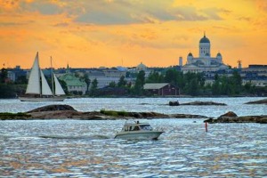 Sunset over Helsinki cathedral and the harbour.