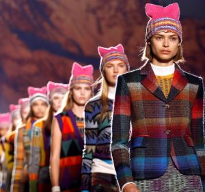 Models parade in pussy hats at the end of the Missoni Autumn/Winter 2017 women's collection in Milan Fashion Week. 