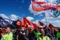 Union members marched on Webb Dock during an industrial dispute in Melbourne.