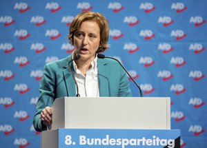 In this Dec. 3, 2017 file photo Beatrix von Storch of the nationalist and anti-Islam Alternative for Germany party delivers a speech during a party congress in Hannover, Germany.