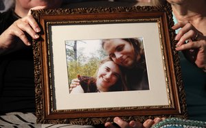 Mother’s Linda Boyle, left and Lyn Coleman hold photo of their married children, Joshua Boyle and Caitlan Coleman, who were kidnapped by the Taliban in late 2012, Wednesday, June 4, 2014, in Stewartstown, Pa.