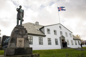 A view of prime minister (Sigurdur Ingi Johannsson) with Iceland flag on top residence during meeting with Secretary-General Ban Ki-moon,Iceland