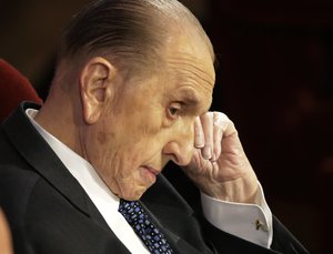 In this July 10, 2015, file photo, President Thomas S. Monson, of The Church of Jesus Christ of Latter-day Saints, attends the memorial service for Mormon leader Boyd K. Packer at the Tabernacle, on Temple Square, in Salt Lake City.