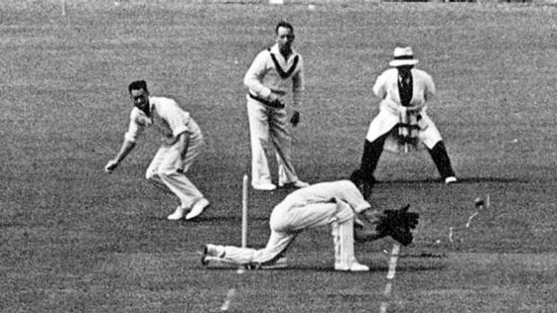 New Zealand captain Walter Hadlee has a narrow escape from being run out.