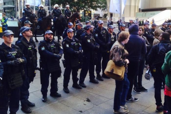 Heavy police presence in Martin Place with Reclaim Australia and No Room for Racism protests not yet in full swing