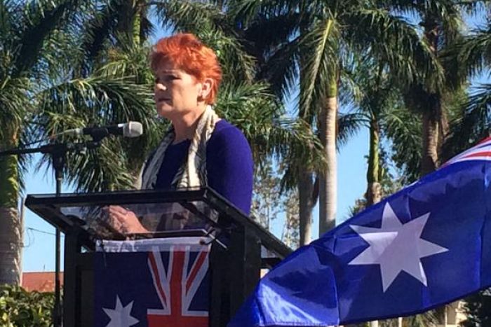 Pauline Hanson addresses the crowd at a Reclaim Australia Rally in Rockhampton.