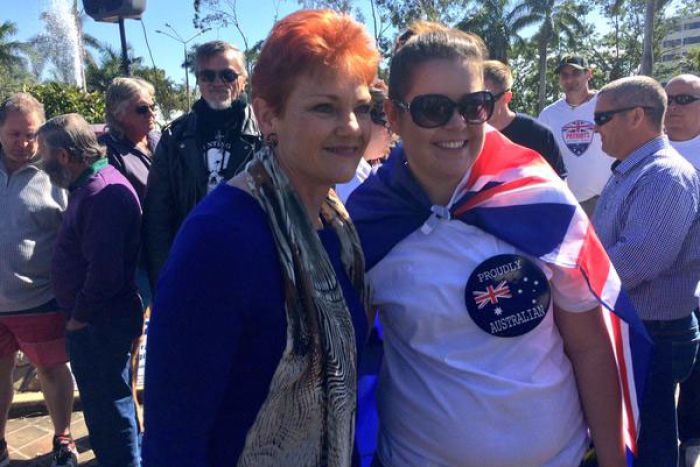 Politician Pauline Hanson with Reclaim Australia rally supporter in Rockhampton