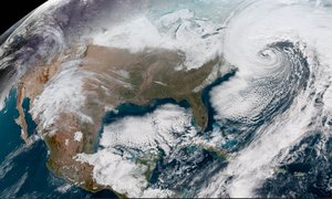 This Geocolor image from the National Oceanic and Atmospheric Administration (NOAA) GOES-16 satellite captures the deepening storm off the East coast of the United States on Jan. 4, 2018, at 16:22 UTC.