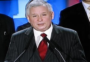  Polish Prime Minister Jaroslaw Kaczynski speaks to supporters during the election night in Warsaw,Poland, Sunday , Oct. 21, 2007. Poland&acute;s opposition Civic Platform defeated the ruling conservatives of Prime Minister Jaroslaw Kaczynski in Sunday&ac