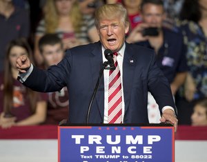 Republican presidential candidate Donald Trump gestures during a rally in Roanoke, Va., Saturday, Sept. 24, 2016. Trump faces Democratic opponent Hillary Clinton in the first of three debates Monday.