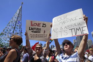 Gay rights demonstrators gather for a rally at the Convention Centre in Sydney, Saturday, Dec. 3, 2011, where the Labor party are holding their annual conference.