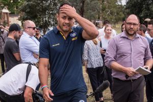 Unhappy return: Eels player Jarryd Hayne departs after answering questions from the media.