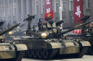 Soldiers in tanks are paraded across Kim Il Sung Square during a military parade on Saturday, April 15, 2017, in Pyongyang, North Korea