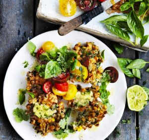 Corn fritters with jalapeno butter and heirloom tomato salsa.